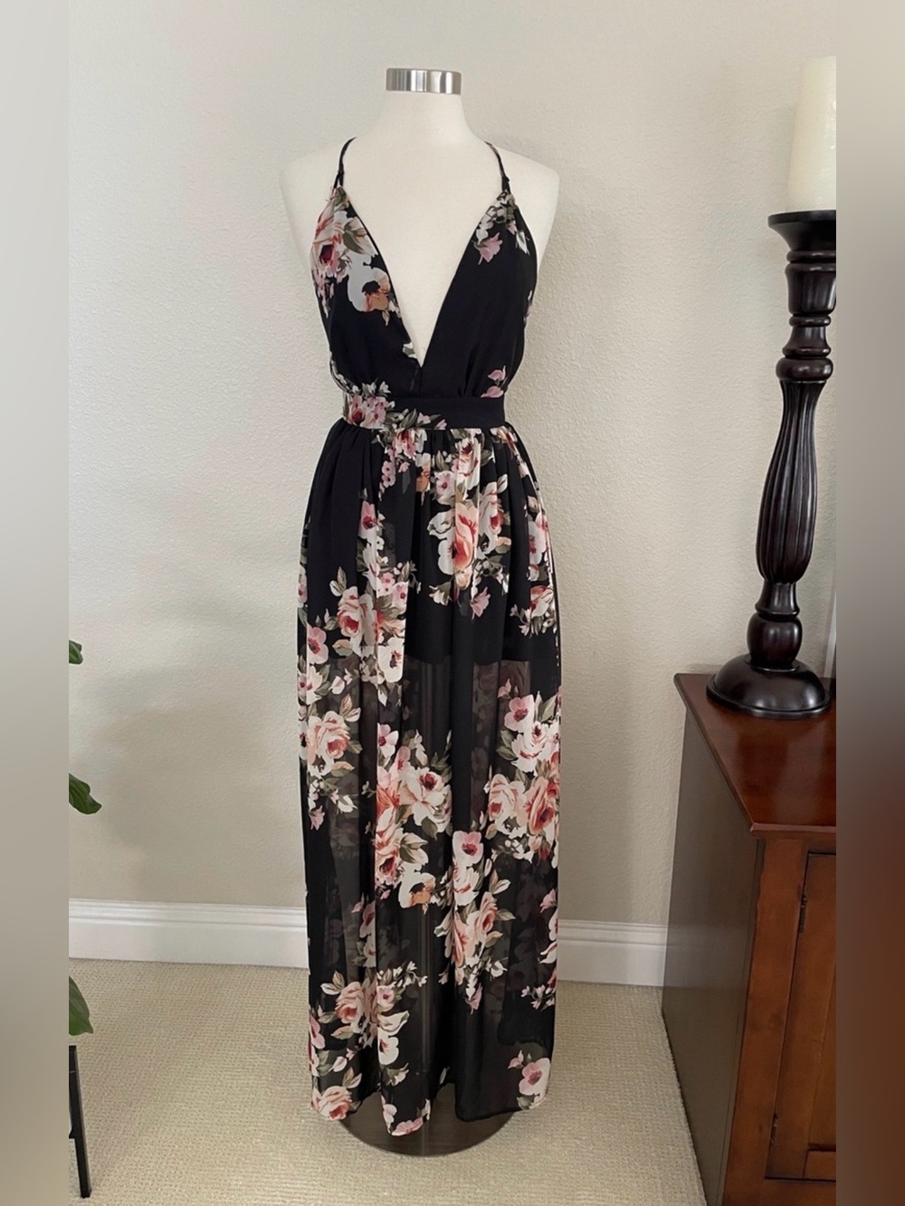 Mind Code Black Dress with Pink and Cream flowers